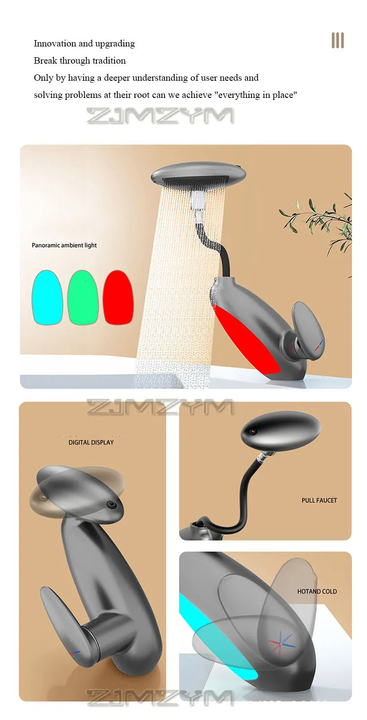 LED bathroom faucet with panoramic ambient light and pull-out spray. Features digital display and flexible water control.