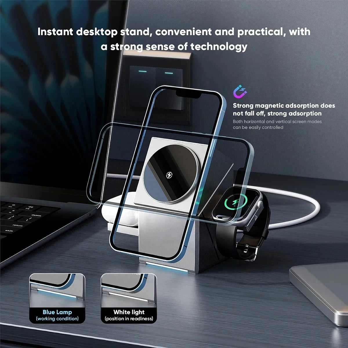 3-in-1 MagSafe wireless charger on desktop setup, featuring strong magnetic hold and dual light indicators for charging status.
