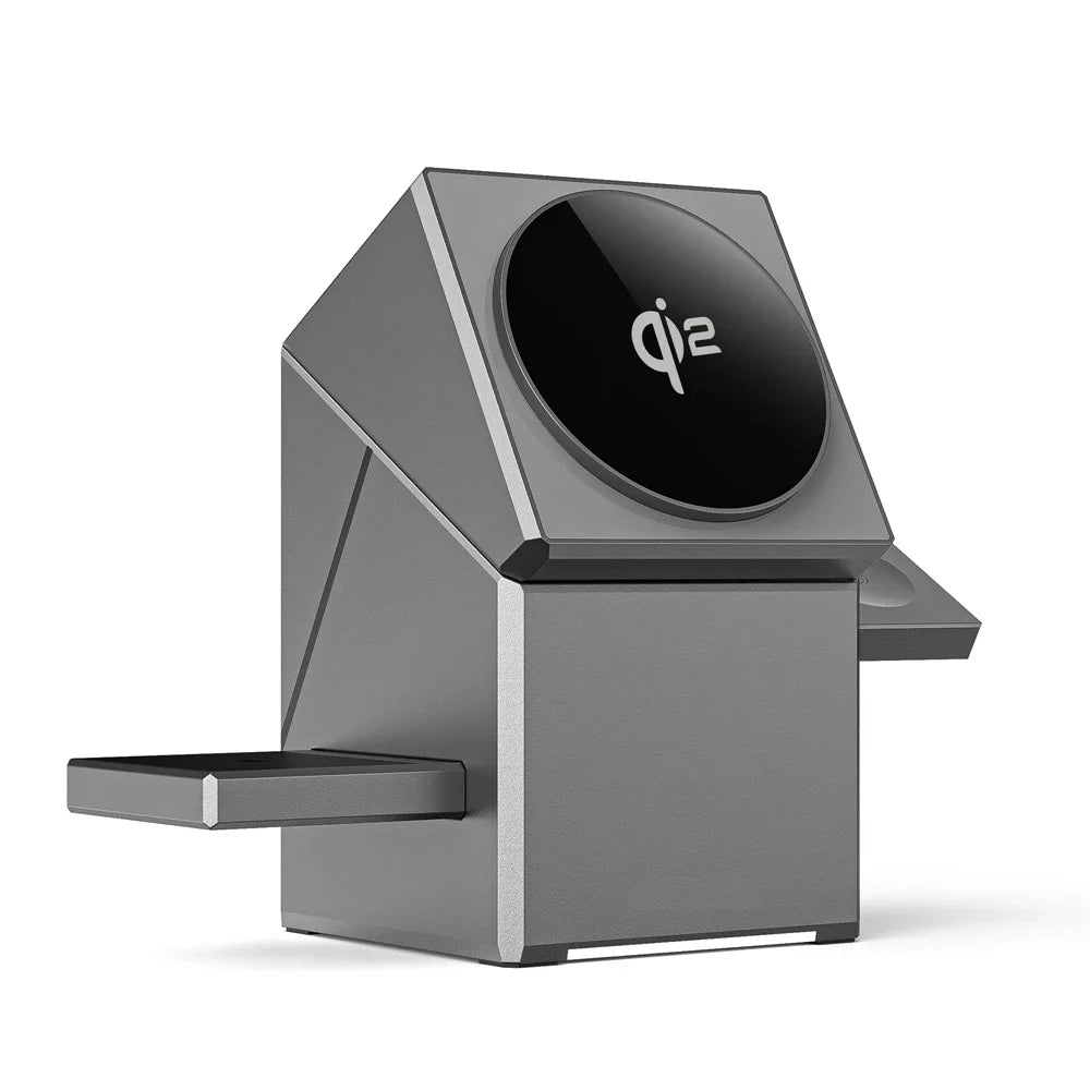 3-in-1 MagSafe wireless charger with extended charging arms for Apple Watch and AirPods, sleek and modern design.