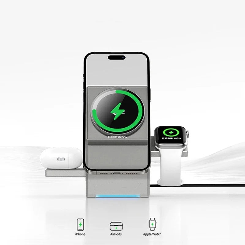 3-in-1 MagSafe wireless charger in use with iPhone, Apple Watch, and AirPods, showcasing simultaneous fast charging capability.