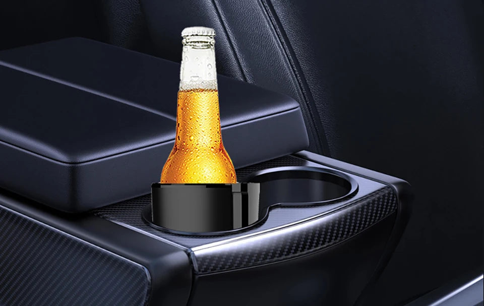 Car Cup 12V Heater Cooler holding a chilled beer bottle in a car cup holder, perfect for keeping beverages cold during travel.