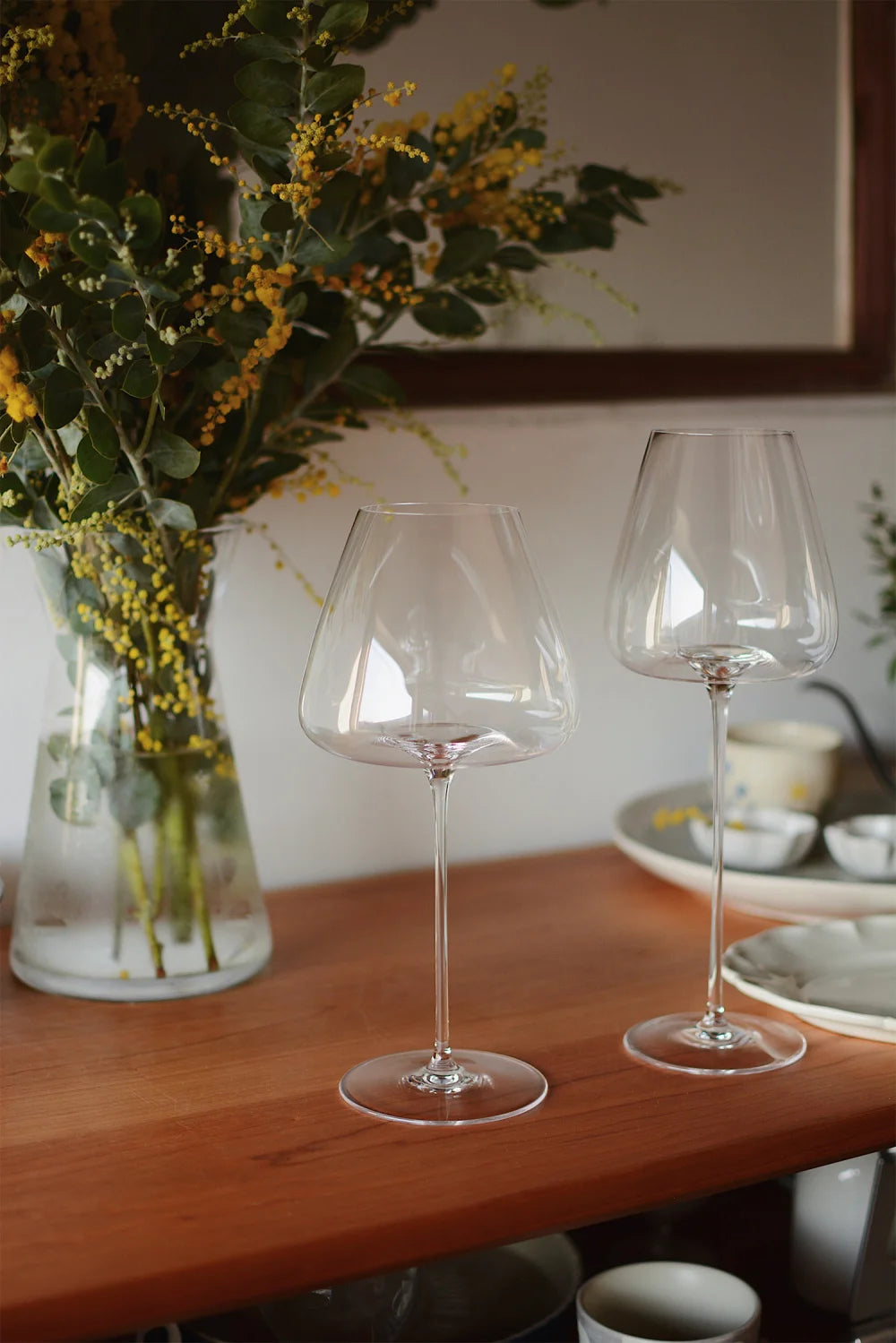 Stylish glassware set with champagne and wine glasses