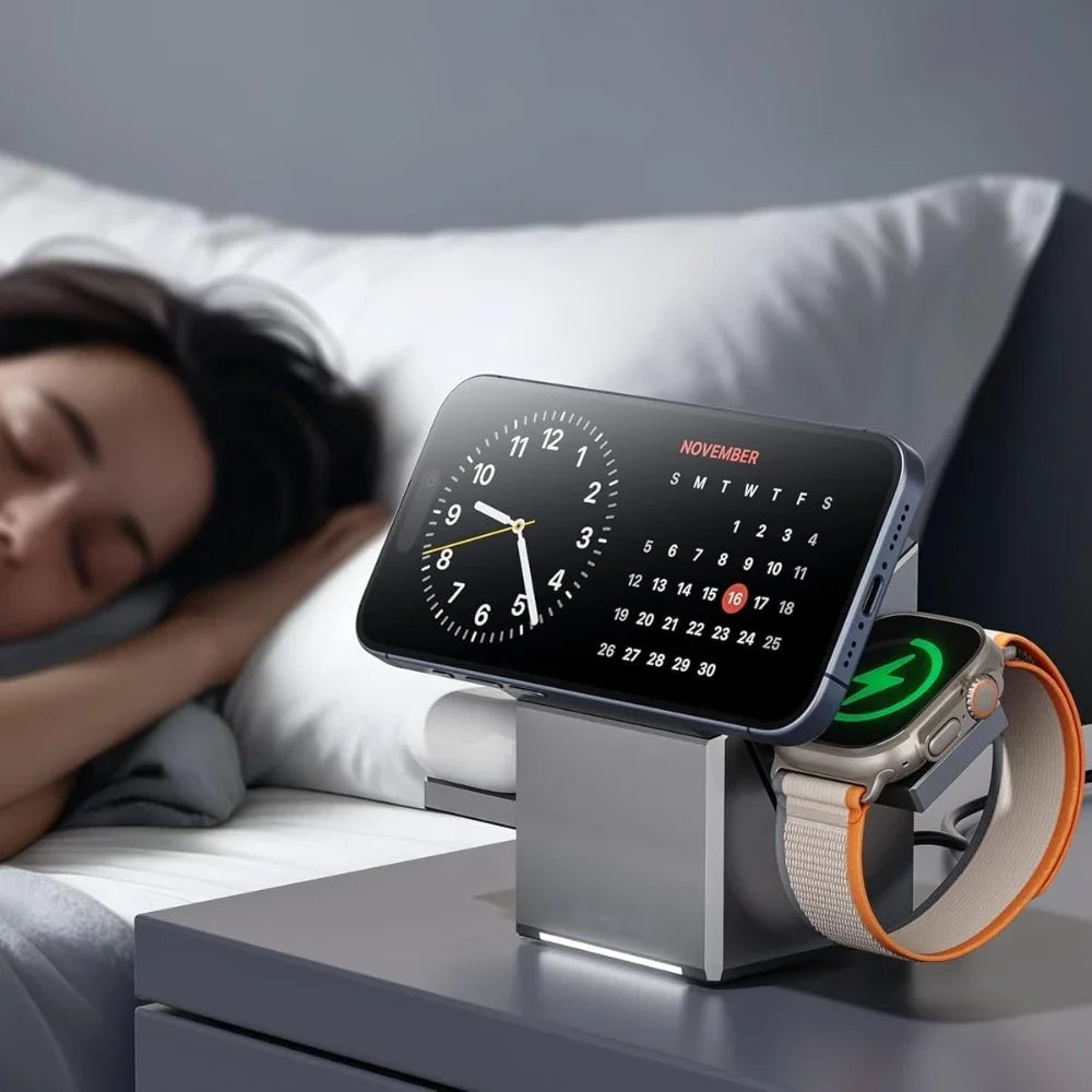 3-in-1 MagSafe wireless charger on nightstand, charging iPhone and Apple Watch, perfect for bedside use with clock display.