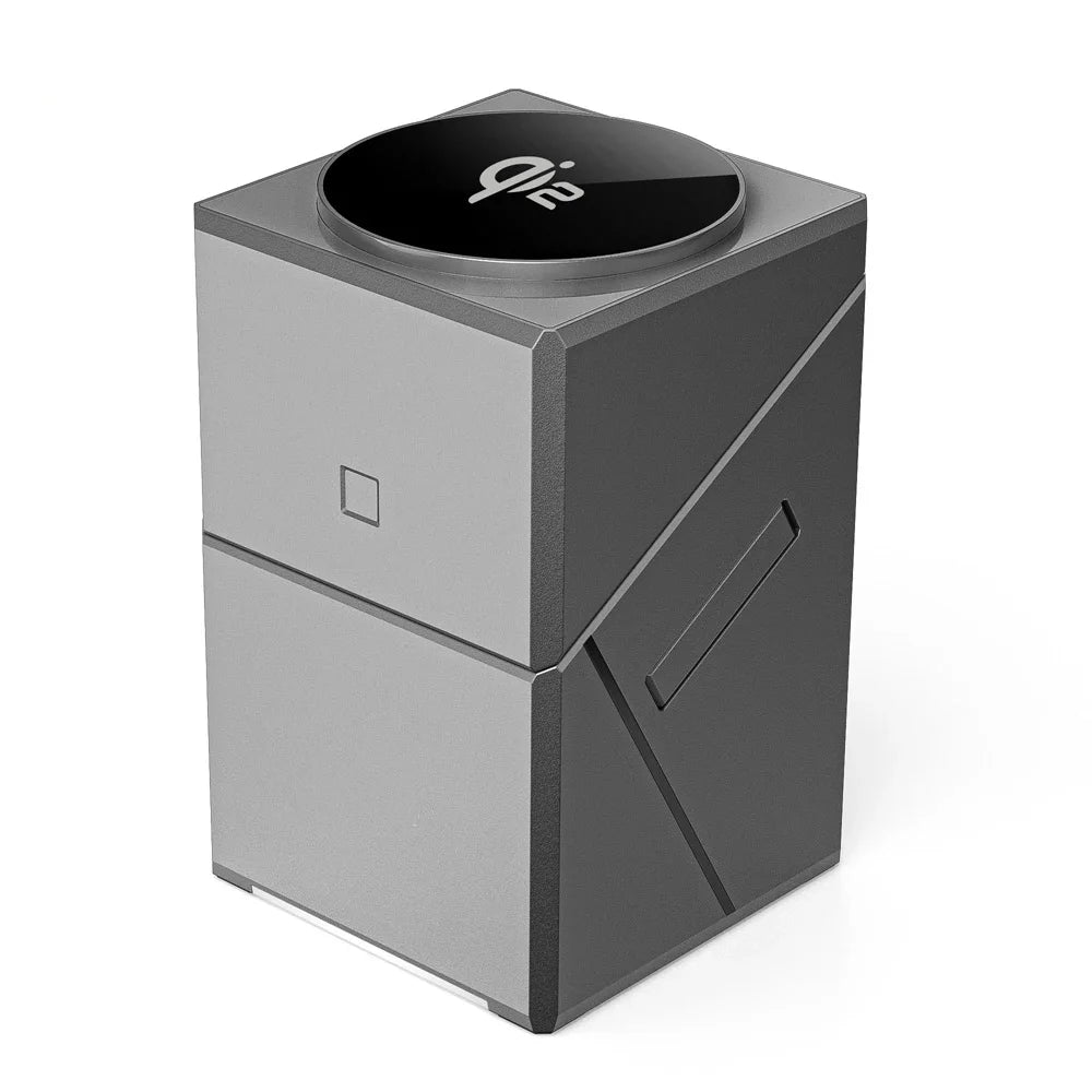 Folded 3-in-1 MagSafe wireless charger in cube form, ideal for portable and space-saving charging solutions.