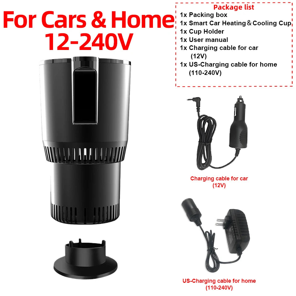 Car and Home 12-240V Car Cup 12V Heater Cooler with US charging cable, cup holder, and manual for convenient home and vehicle use.