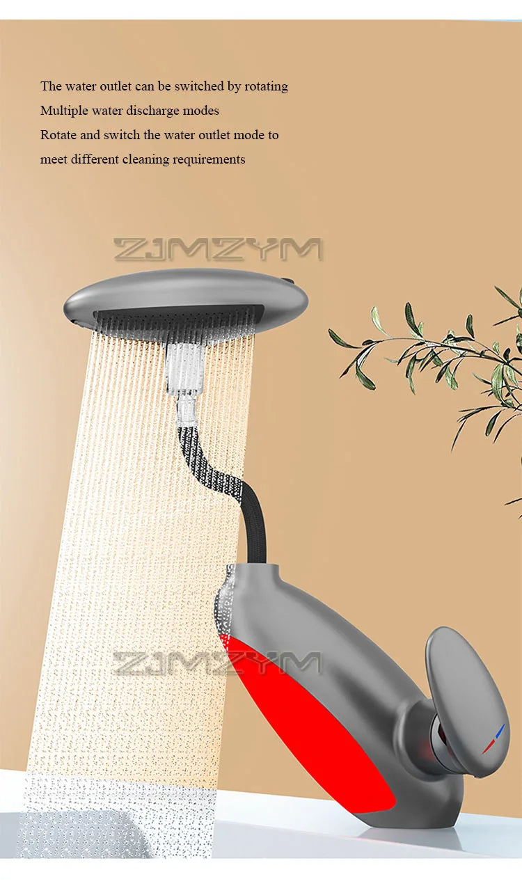 LED bathroom faucet with rotating water outlet for multiple spray modes. Designed for versatile and efficient cleaning.