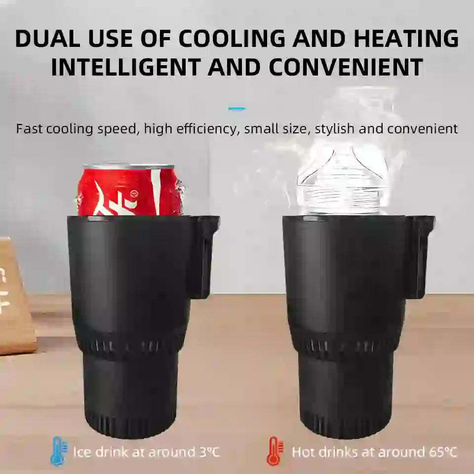 Dual-use Car Heating and Cooling Cup 12V showing hot and cold drink functions with temperatures of 3°C and 65°C for versatile beverage control.