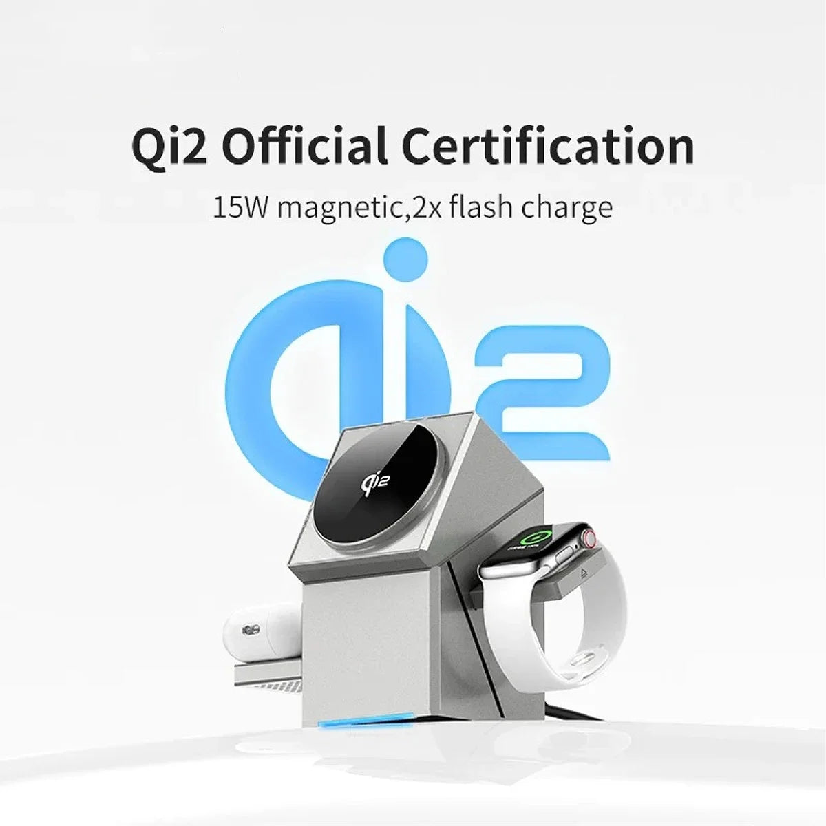 Qi2 certified 3-in-1 MagSafe wireless charger with 15W magnetic fast charging, ideal for Apple devices.