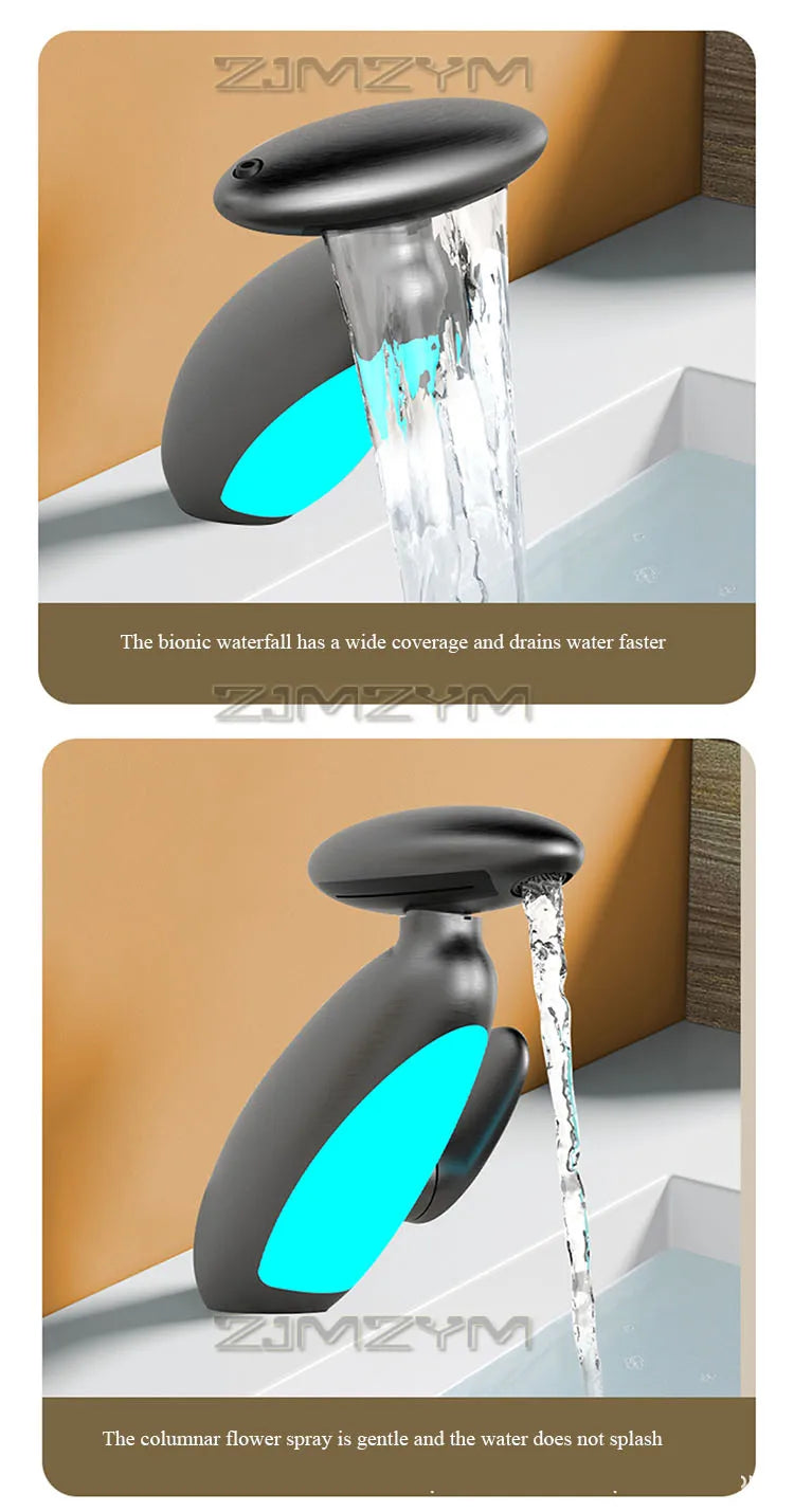 LED bathroom faucet with bionic waterfall and flower spray modes. Wide water coverage and splash-free performance.