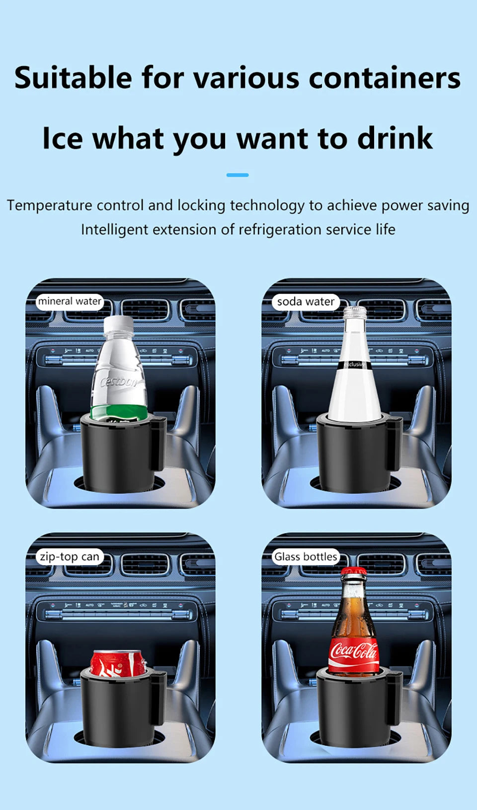 Car Cup 12V Heater Cooler compatible with various containers like soda cans, glass bottles, and mineral water for flexible usage.