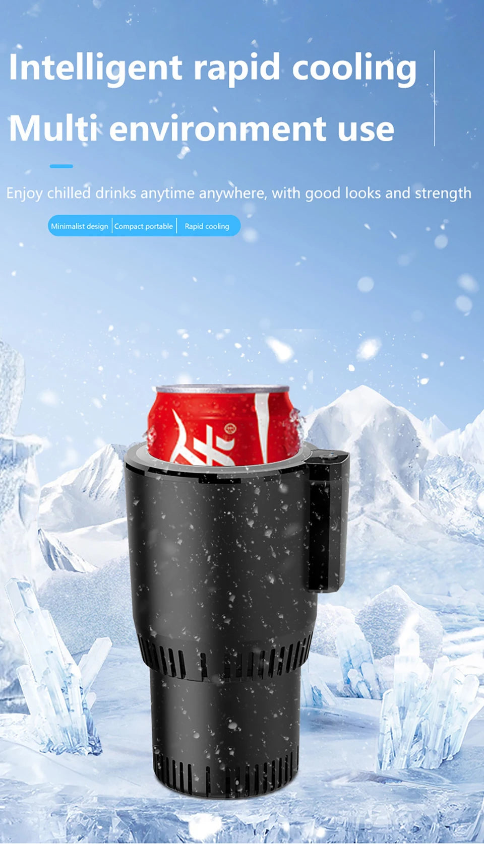Car Cup 12V Heater Cooler rapidly cooling a soda can in a snowy environment, showcasing compact design and powerful cooling performance.