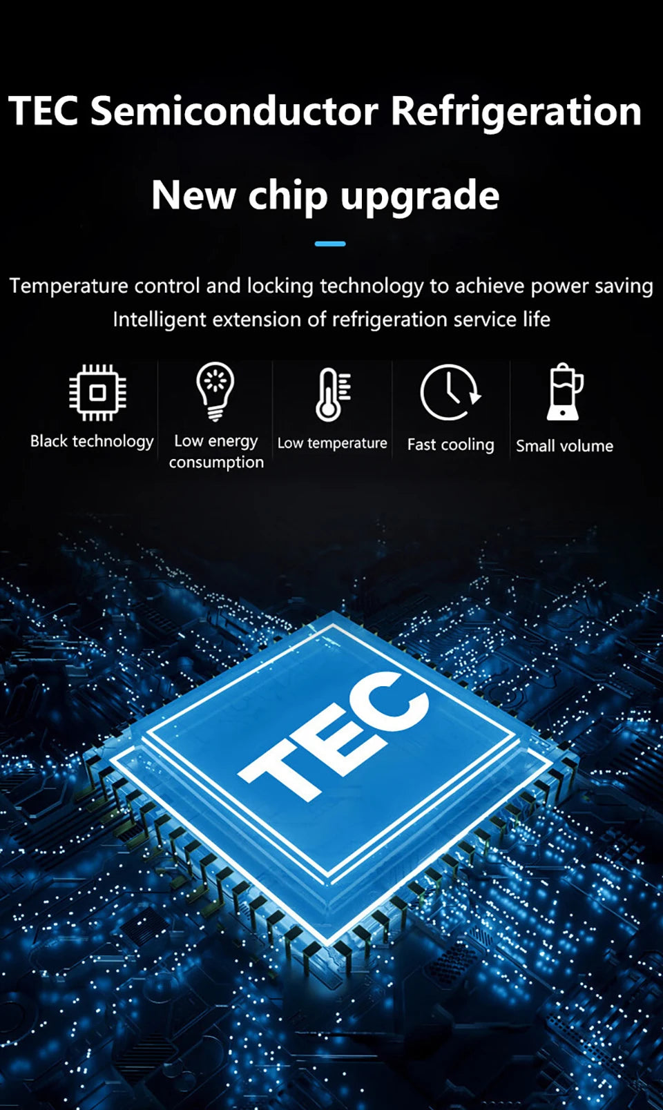 TEC Semiconductor Refrigeration chip upgrade for Car Cup 12V Heater Cooler, offering low energy use, fast cooling, and compact size.
