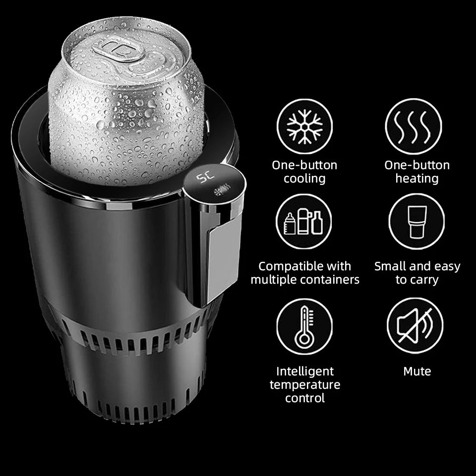 Black Car Cup 12V Heater Cooler with one-button heating and cooling, intelligent temperature control, and compatibility with multiple containers.