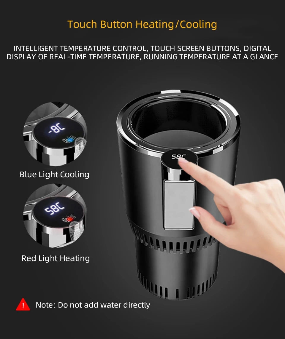 Touch screen Car Cup 12V Heater Cooler with red and blue light indicators for heating and cooling, and real-time temperature display.