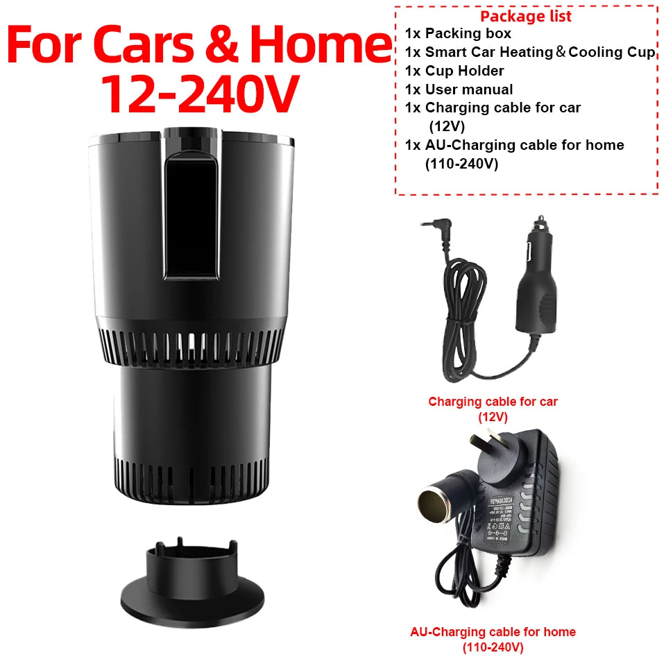 Car and Home 12-240V Car Cup 12V Heater Cooler with AU charging cable, cup holder, and user manual for versatile use.