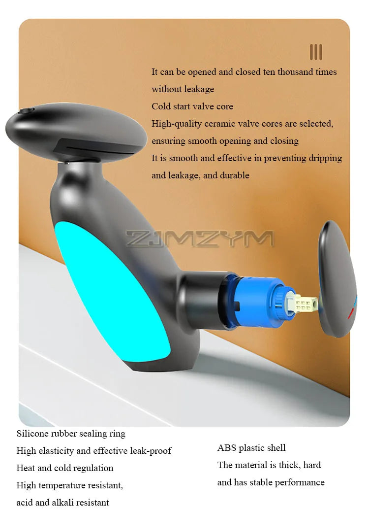 LED faucet with ceramic valve core and silicone sealing for leak-proof performance. Durable ABS shell for long-term use.