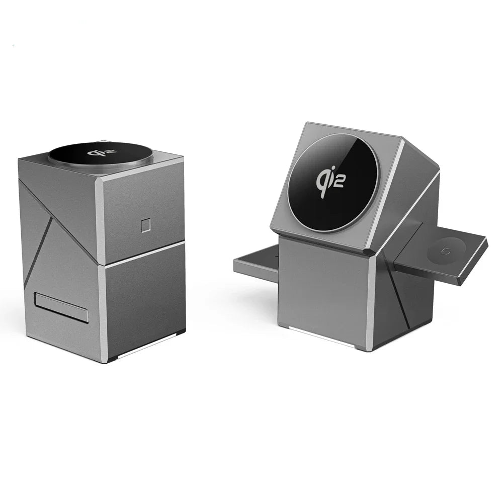 Two configurations of the 3-in-1 MagSafe wireless charger, showing compact and extended charging modes.