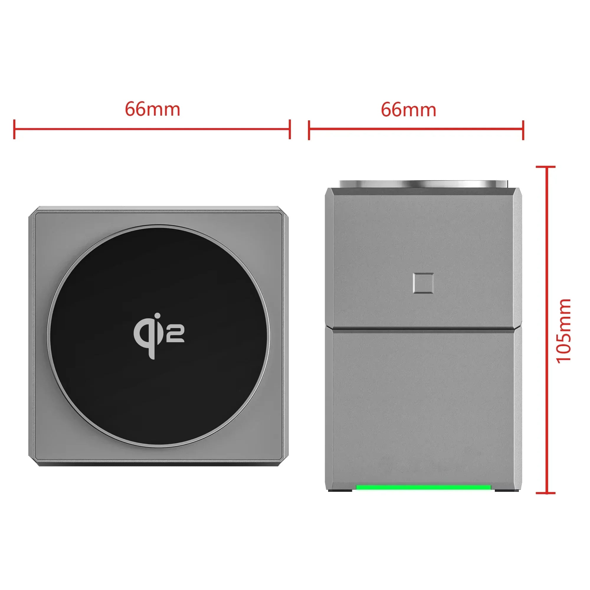 Compact 3-in-1 MagSafe wireless charger with 66mm x 105mm dimensions, designed for space-saving and efficient charging.