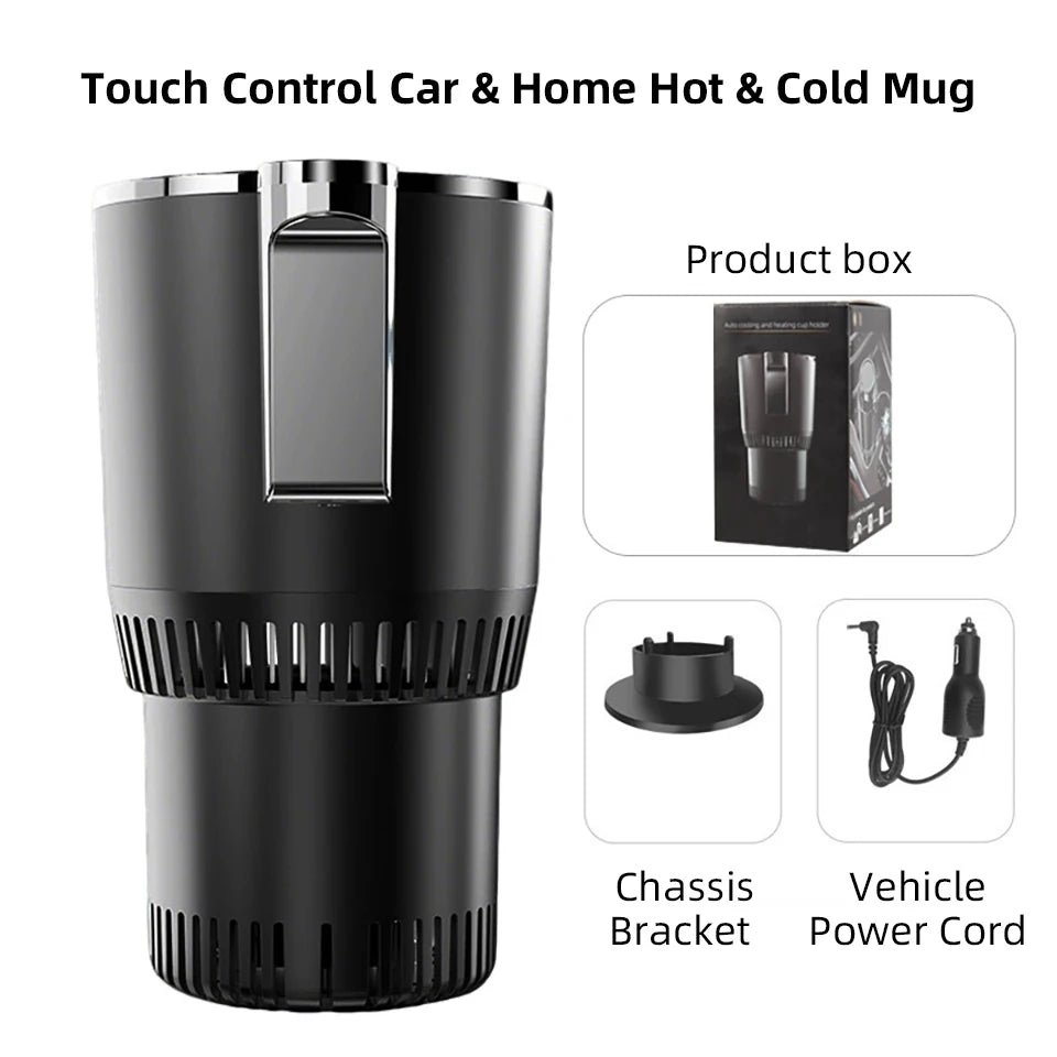 Touch control Car Heating and Cooling Cup 12V with product box, chassis bracket, and 12V vehicle power cord for car and home use.