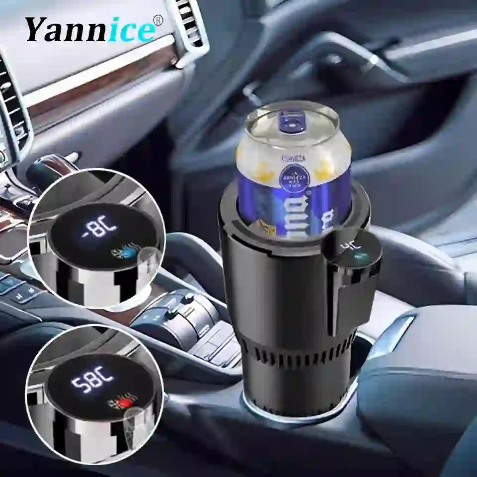 Car Cup 12V Heater Cooler in vehicle cup holder with digital display showing -8°C and 58°C, ideal for heating or chilling drinks on the go.