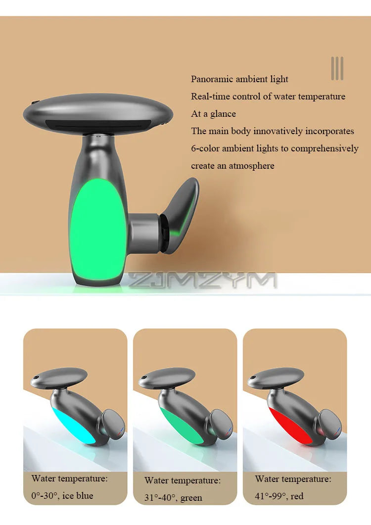 LED bathroom faucet with 6-color ambient light and real-time temperature display. Color changes based on water temperature.