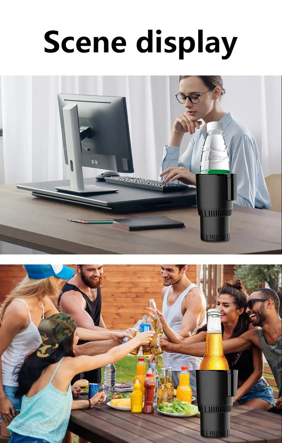 Scene display of Car Heating and Cooling Cup 12V used at office desk and outdoor party, ideal for both indoor and outdoor settings.