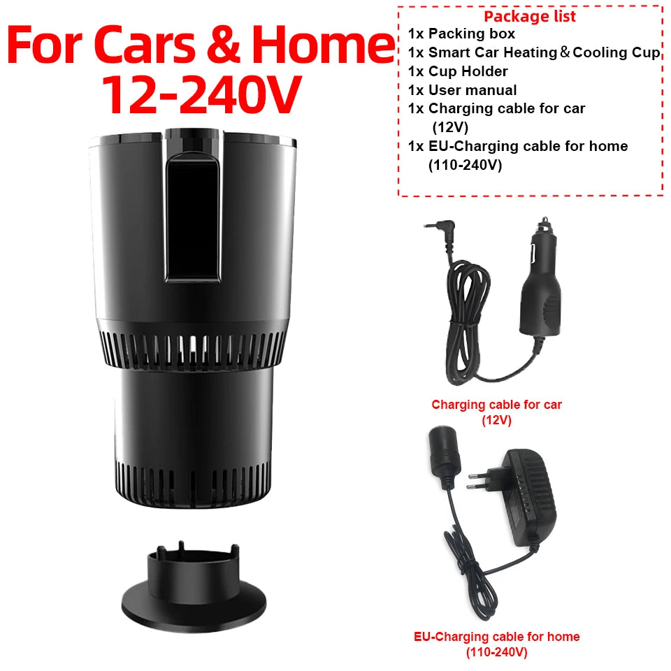 Car and Home 12-240V Car Heating and Cooling Cup 12V with EU charging cable, cup holder, and user manual for global compatibility.