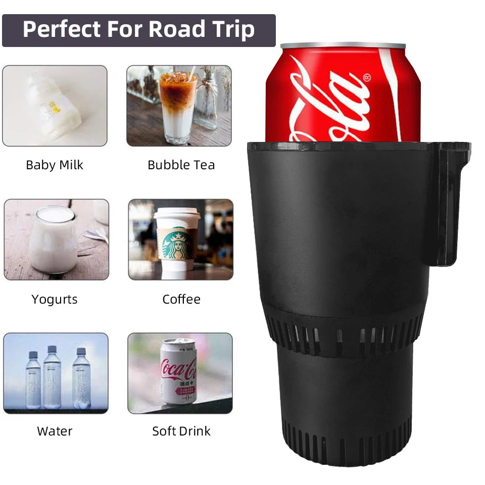 Car Cup 12V Heater Cooler shown with various drink types like coffee, soda, and baby milk, perfect for road trips and travel convenience.