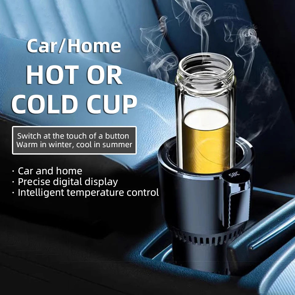 Car/Home Hot or Cold Cup with intelligent temperature control and digital display, warming or cooling drinks with a single touch button.