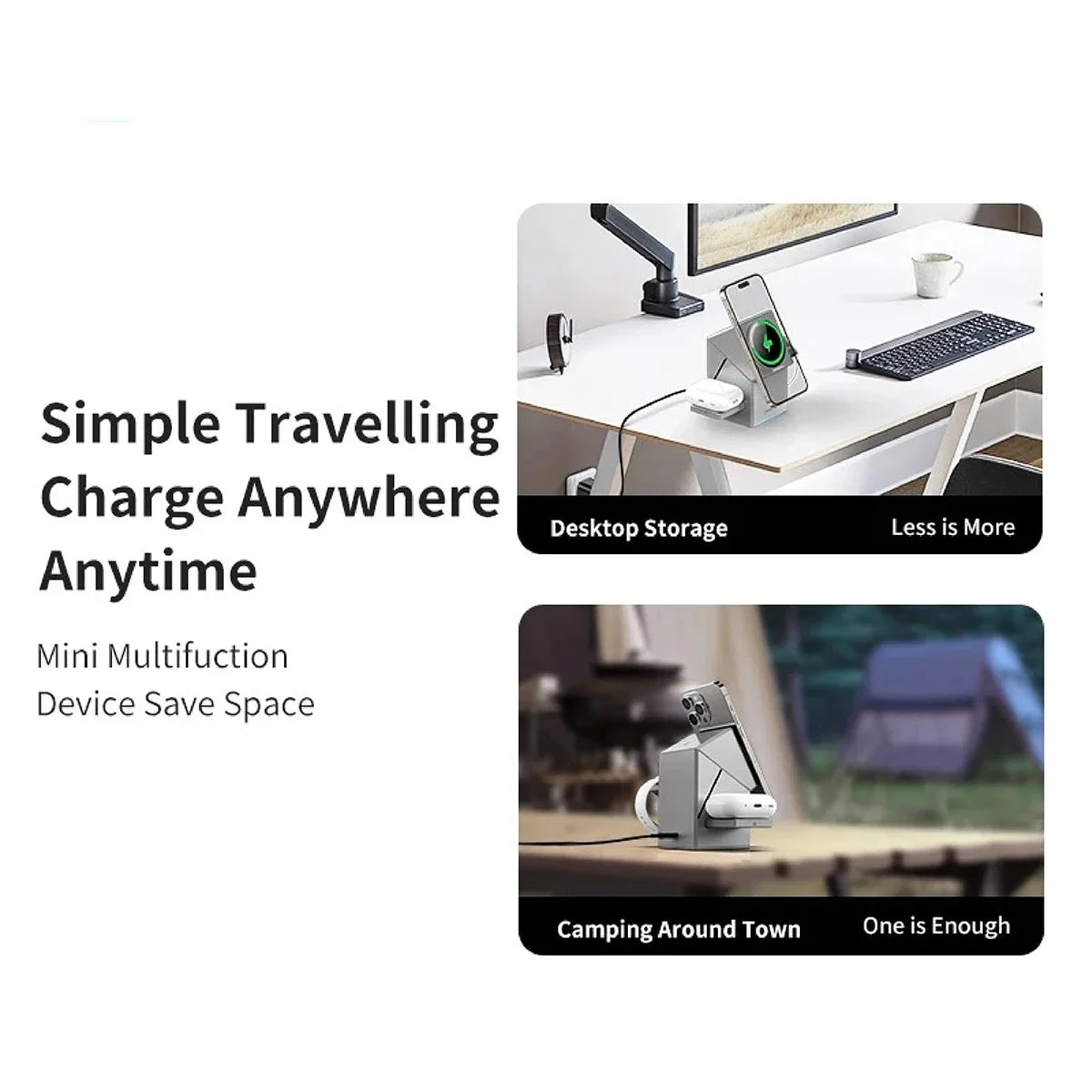 3-in-1 MagSafe wireless charger for travel and desktop use, compact and multifunctional for charging anywhere.