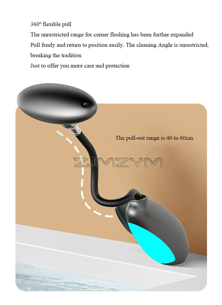 Flexible pull-out LED bathroom faucet with 360° rotation and 60cm extension. Ideal for corner flushing and extended reach.