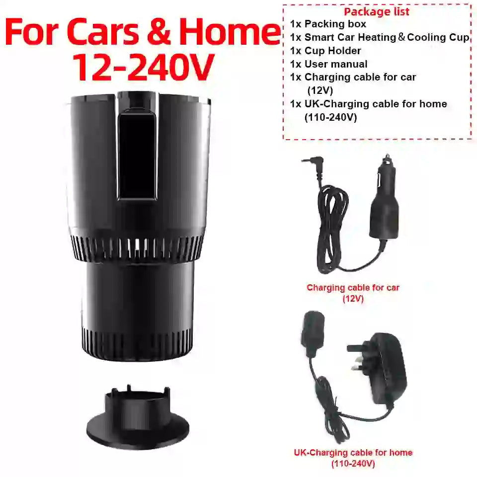 Package list for Car and Home 12-240V version of Car Heating and Cooling Cup 12V with cup holder, manual, and multiple charging cables.