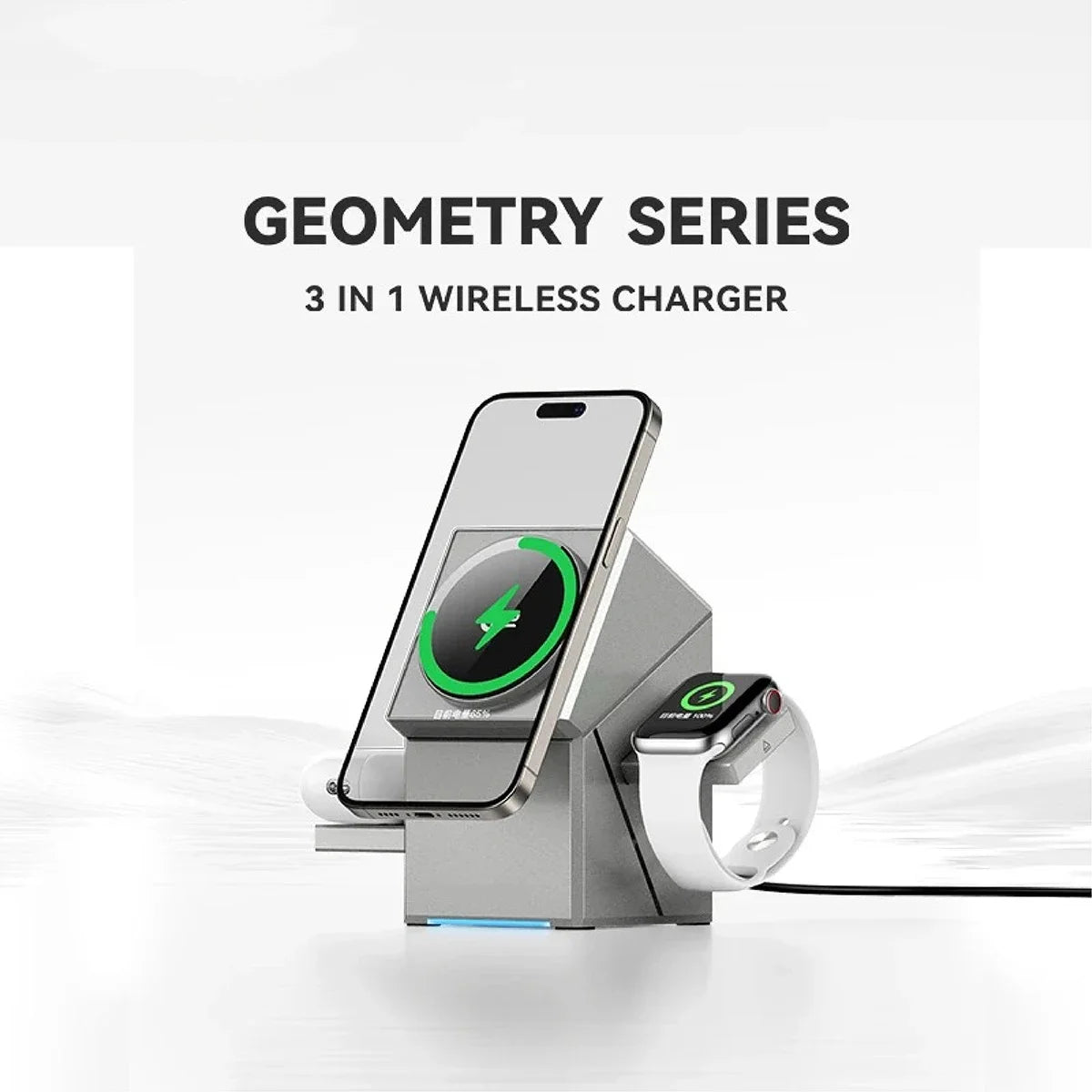 Geometry Series 3-in-1 MagSafe wireless charger with sleek design, charging iPhone, Apple Watch, and AirPods simultaneously.