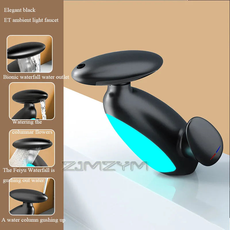 Elegant black LED bathroom faucet with ambient light and multi-mode water flow. Sleek design for contemporary bathrooms.