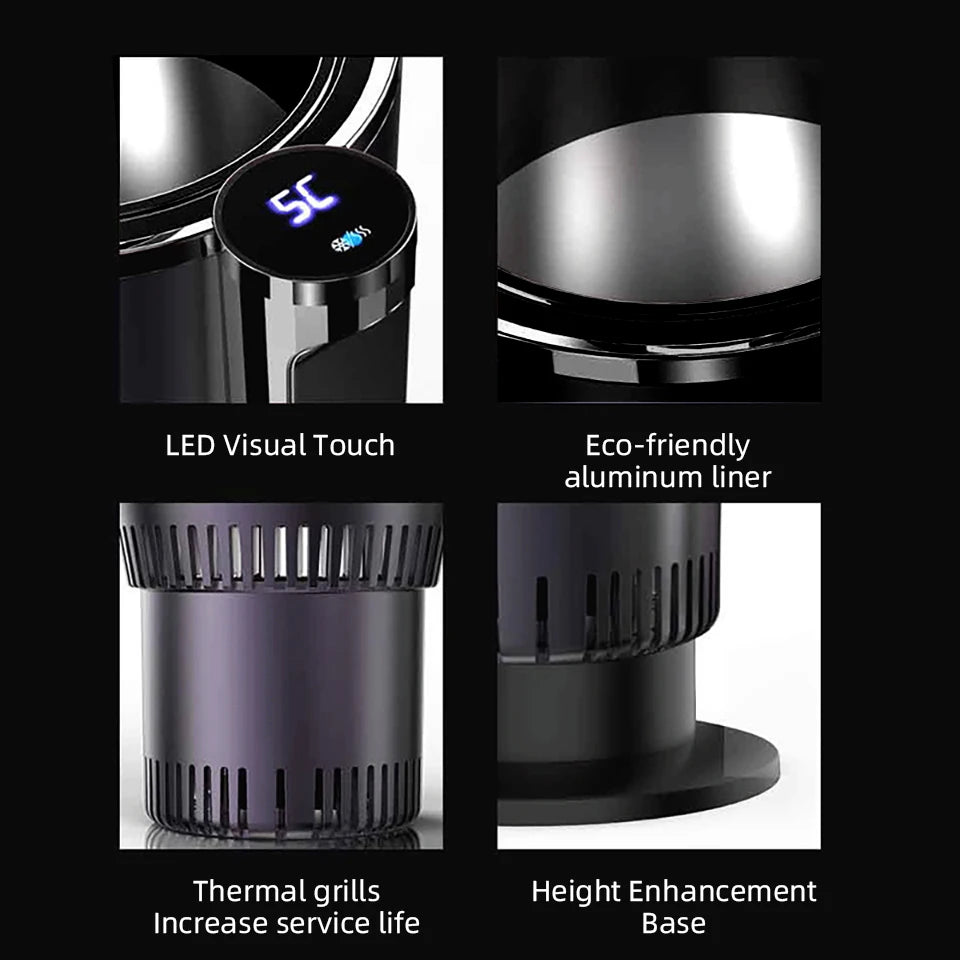 Close-up of Car Heating and Cooling Cup 12V features including LED touch display, eco-friendly liner, thermal grills, and height base.