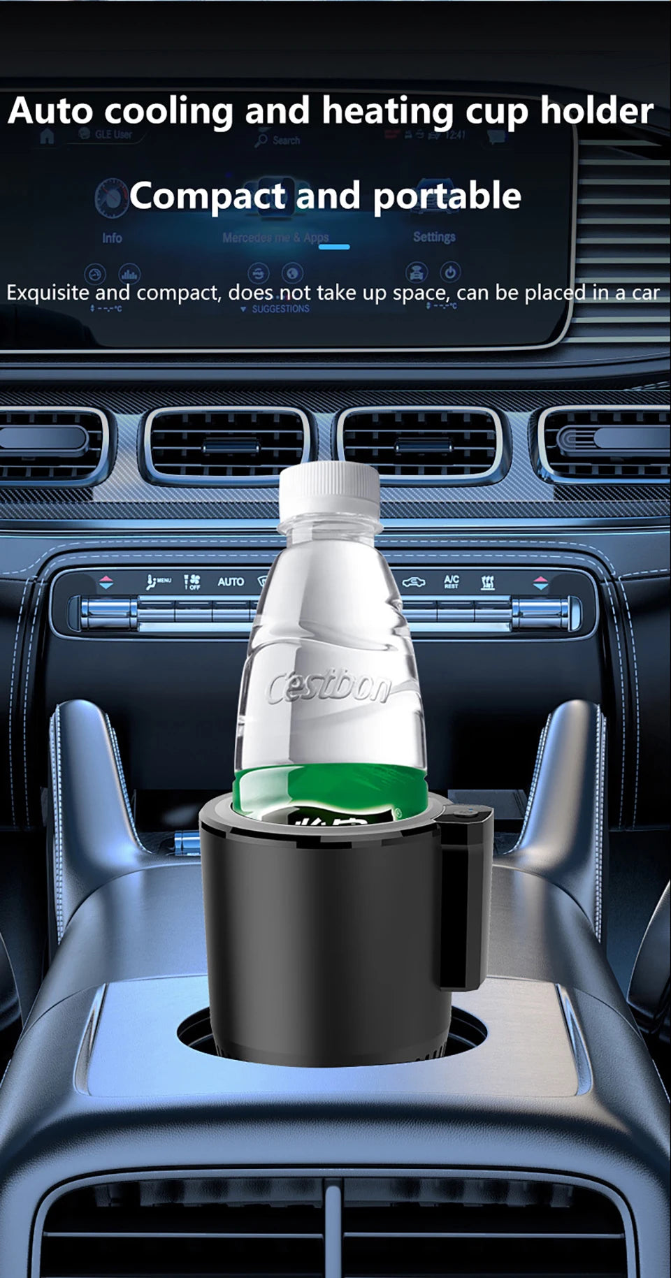Auto cooling and heating cup holder in car with bottled water, highlighting compact and portable design for in-vehicle use.