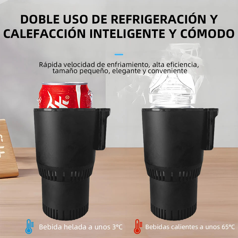 Spanish version of dual-use Car Heating and Cooling Cup 12V showing hot and cold beverage functions with 3°C and 65°C temperatures.