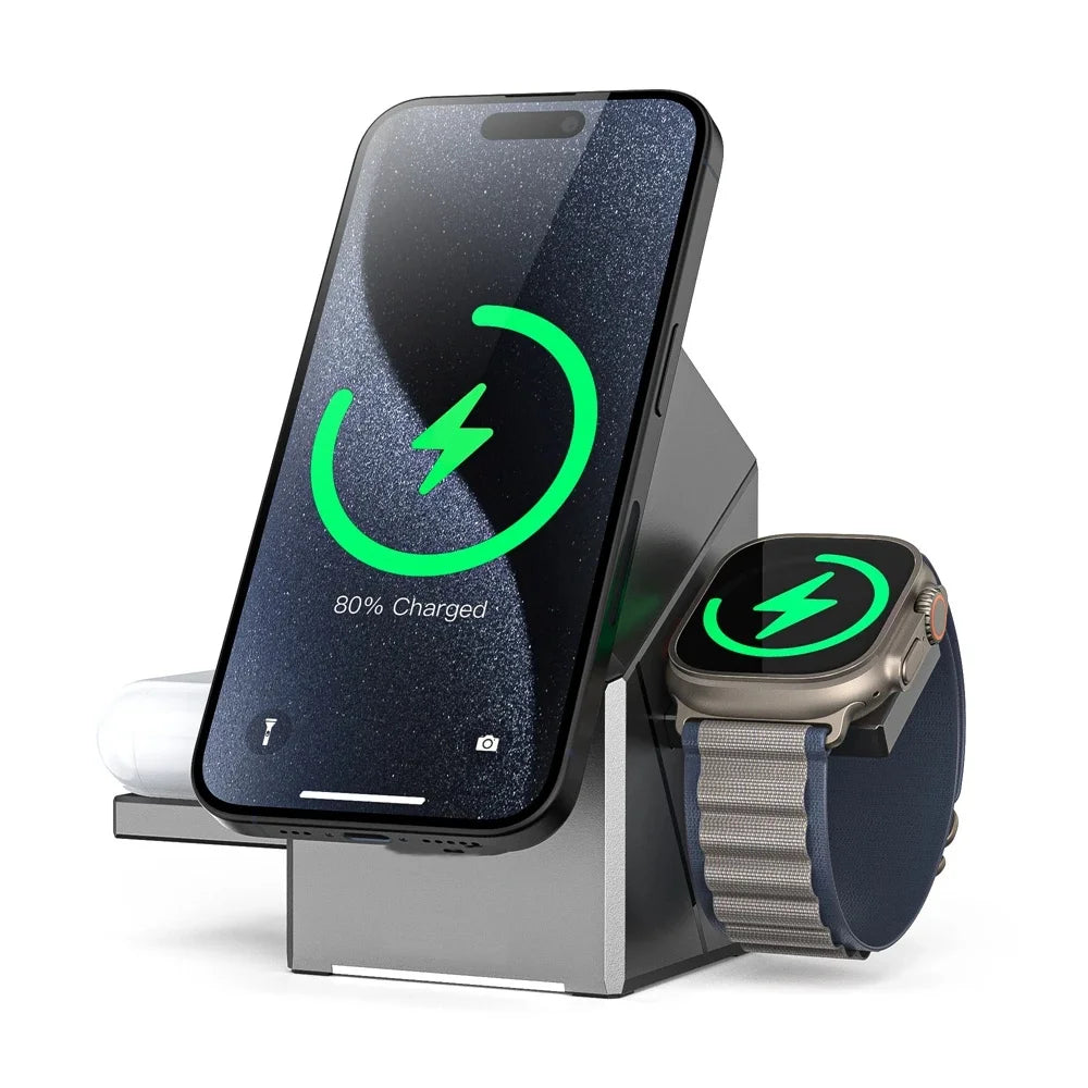 3-in-1 MagSafe wireless charger in action, charging iPhone, Apple Watch, and AirPods with strong magnetic connection.