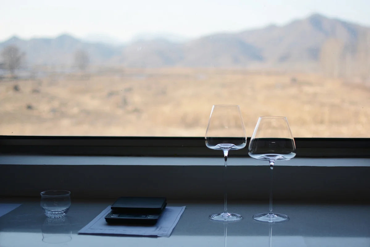 Clear crystal wine and champagne glasses on table