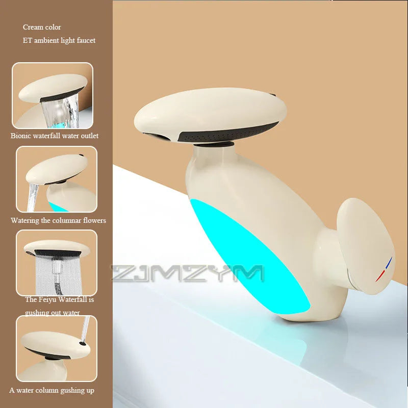 Cream color LED bathroom faucet with ambient light and multi-mode water flow. Elegant design for luxury sinks.