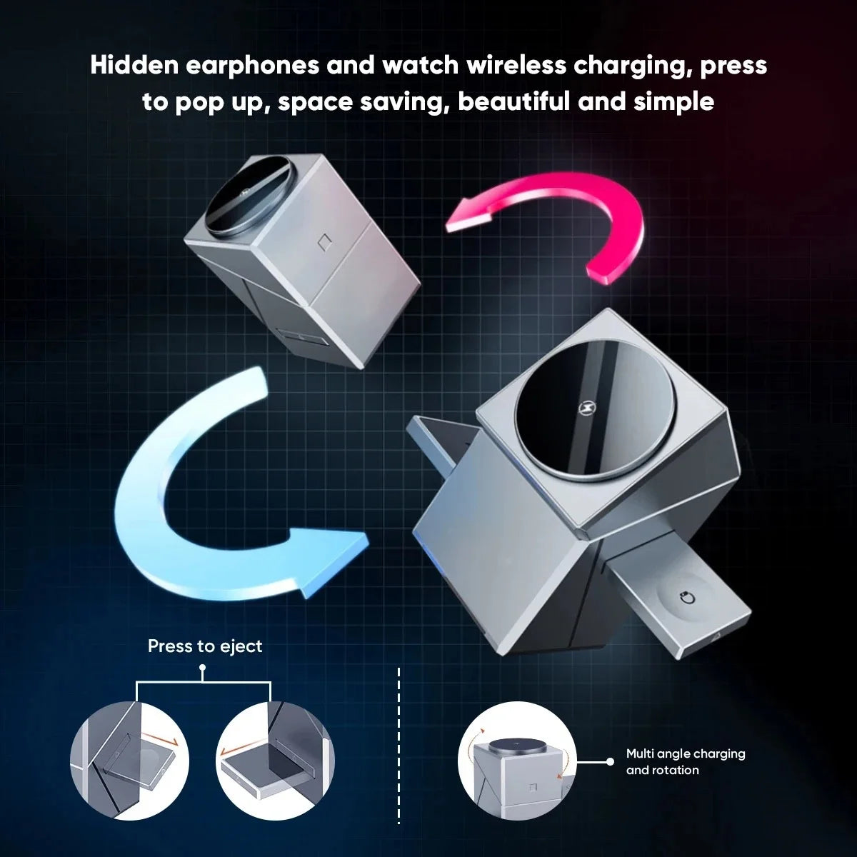 3-in-1 MagSafe wireless charger with rotating design and pop-up charging pads for Apple Watch and AirPods, space-saving innovation.