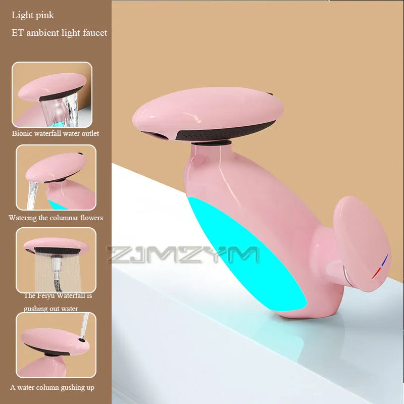 Light pink LED bathroom faucet with ambient light and multiple water modes. Soft color option for elegant bathrooms.