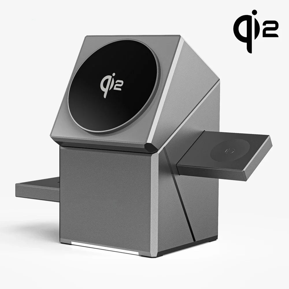 3-in-1 MagSafe wireless charger with Qi2 logo, featuring dual charging arms and magnetic fast charging for Apple devices.