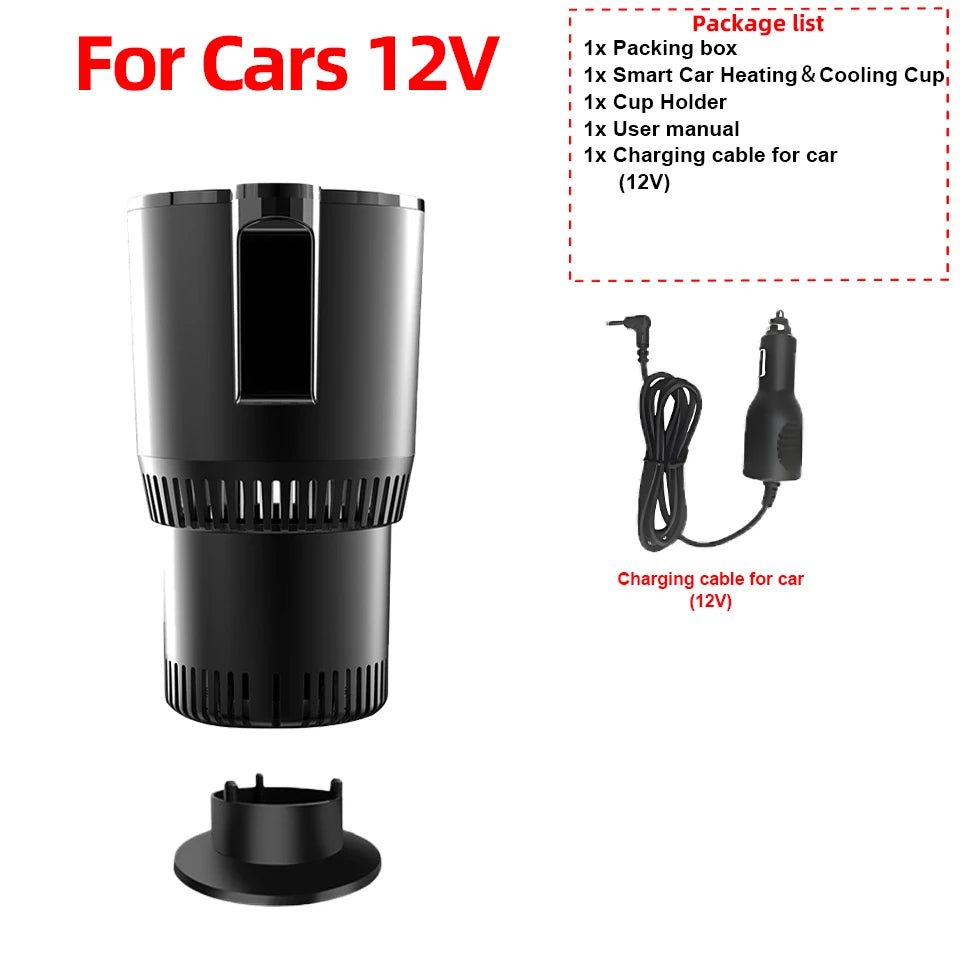 Car-only 12V version of Car Heating and Cooling Cup with cup holder, user manual, and 12V charging cable for in-vehicle use.