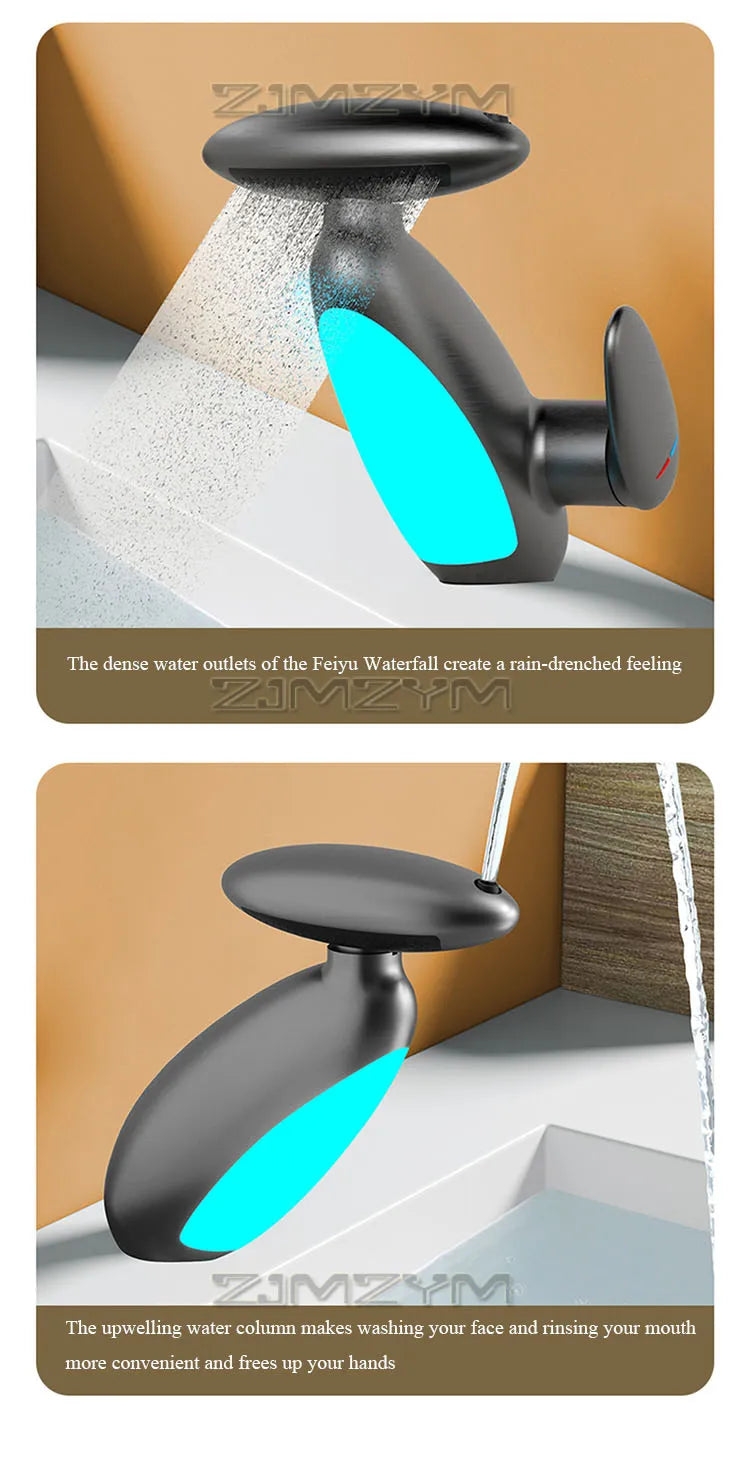 LED faucet with dense waterfall and upwelling water column. Enhances rinsing and handwashing convenience.